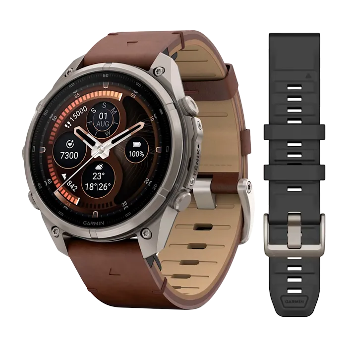 Смарт-часы Garmin Fenix 9 Pro - 47mm Amoled inReach Titanium, кожаный ремешок Walnut