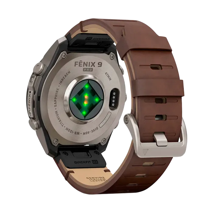 Смарт-часы Garmin Fenix 9 Pro - 47mm Amoled inReach Titanium, кожаный ремешок Walnut
